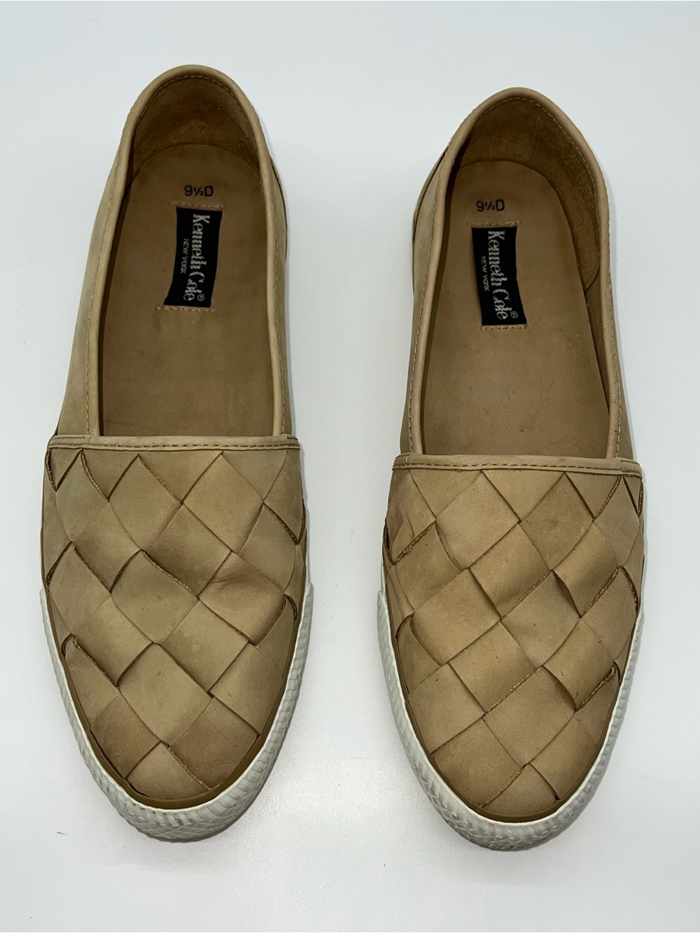 Kenneth Cole Mens Beige Leather Slip-On Sneakers-Wide Woven Leather Stripes-9.5D
